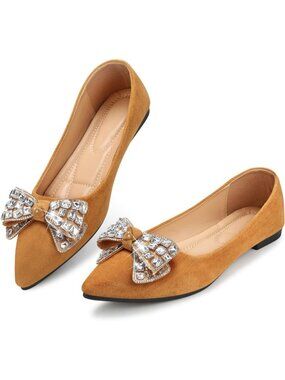 Women's 03-Brown Pointed Toe Pearl Flats Comfort Non Slip Soft Sole Office Shoes